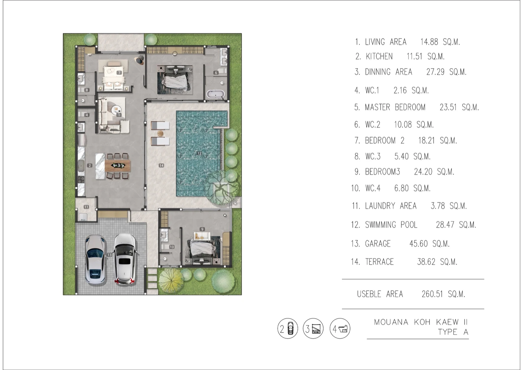 3BR Type A — floor plan, useable 260.5 м²