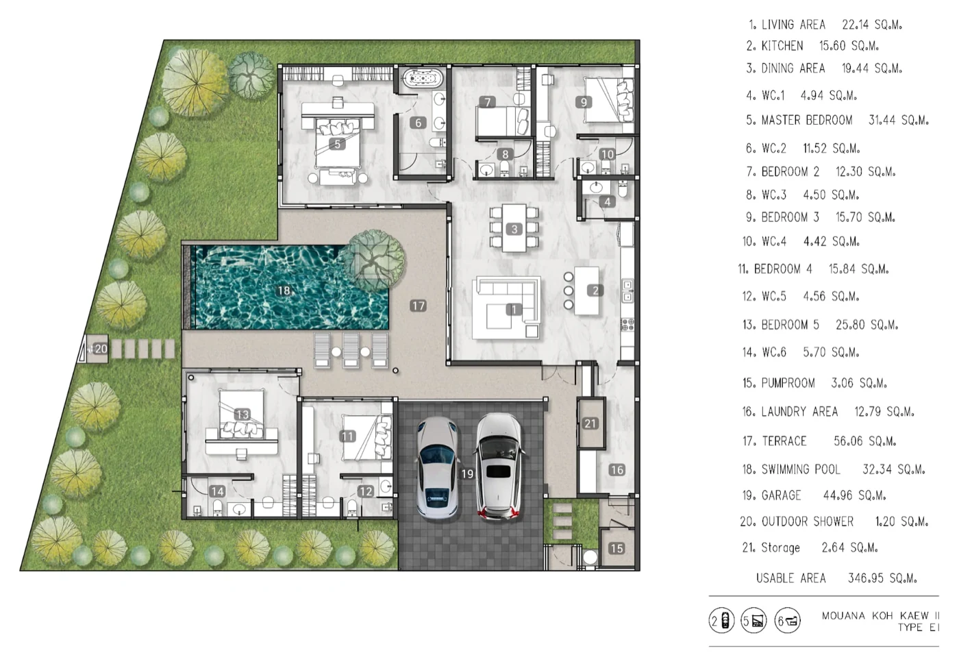 5BR Type E1 — floor plan, useable 346.95 м²
